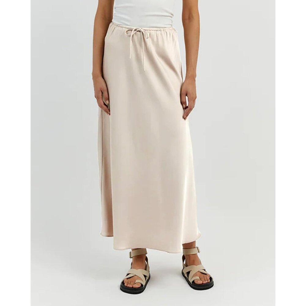 Women's Beige Drawstring Satin High Waist Silk A Line Flowy Long Maxi Skirt - Picture 6 of 6
